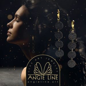 Dot String Sparkly Black Earrings from Angie Line Clay Art Jewelry by artist Vanessa Freire 18K Plated Gold Female Elegant Metal Coating Ethnic Casual