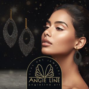 Black Leaf Sparkly Earrings from Angie Line Clay Art Jewelry by artist Vanessa Freire Hypoallergenic  Studs Female Elegant Metal Coating Ethnic Casual